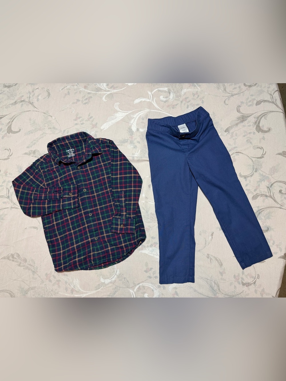 Carter's Navy Plaid Button-Down Shirt w/ Green and Red Accents and blue pants.